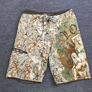 Lost Enterprises Mens Board Shorts Size 33 Brown Green Pin Up Girl Swim Y2K